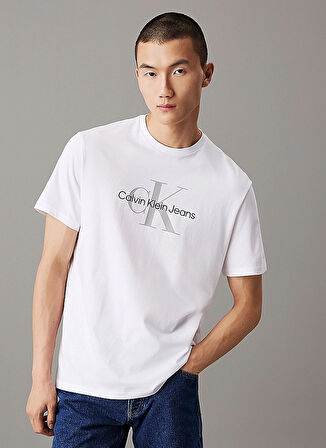 Calvin Klein Jeans Bisiklet Yaka Baskılı Beyaz Erkek T-Shirt 00040EM286YAA SS HERO MONOGRAM TEE