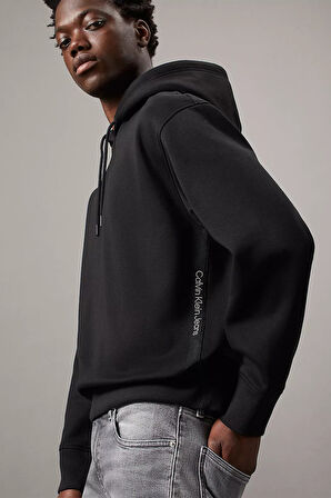 Erkek LOGO Tape Kapüşonlu Sweatshirt - Siyah  | XS