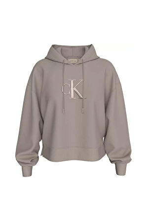 Kadın CK Kabartma İşlemeli Kapüşonlu Sweatshirt - Gri