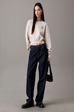 Calvin Klein Kadın Bisiklet Yaka Bej Crop Sweatshirt