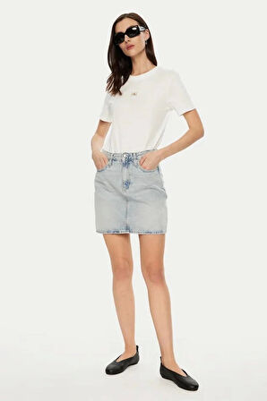 Calvin Klein Kadın Eskitilmiş Regular Fit Mavi Mini Kot Etek