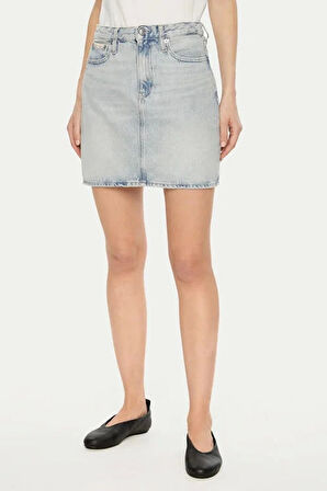 Calvin Klein Kadın Eskitilmiş Regular Fit Mavi Mini Kot Etek
