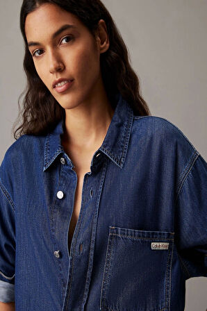 Calvin Klein Kadın Gömlek Yaka Rahat Kesim Denim Mavi Elbise