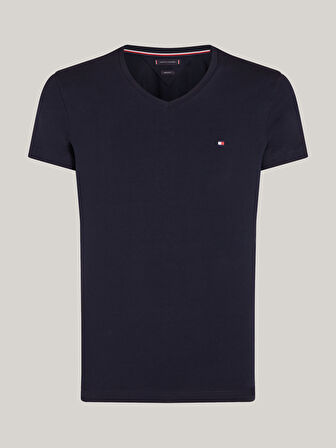 Erkek Göğüste Küçük Marka Bayrak Logolu Kaşmir ve Organik Pamuklu V Yakalı Kollarda Marka Bayrak Logolu Lacivert T-Shirt MW0MW27540-DW5