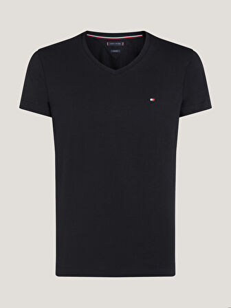 Erkek Göğüste Küçük Marka Bayrak Logolu Kaşmir ve Organik Pamuklu V Yakalı Kollarda Marka Bayrak Logolu Siyah T-Shirt MW0MW27540-BDS