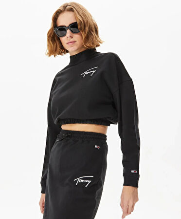 Tommy Jeans Crop Signature Mock Neck Kadın Siyah Sweatshirt