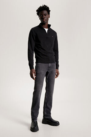 TOMMY HILFIGER Erkek Tommy Hilfiger Logolu Yarım Fermuarlı Bisiklet Yakalı Erkek Kazak Siyah Kazak MW0MW28049 BDS