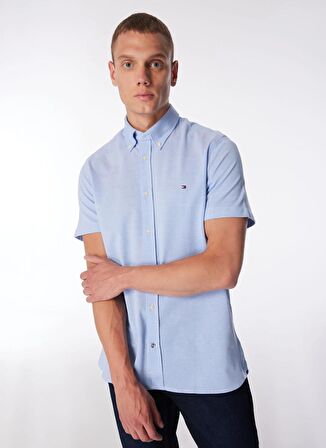 Slim Fit Düğmeli Yaka Mavi Erkek Gömlek MW0MW30911