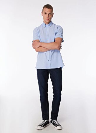 Slim Fit Düğmeli Yaka Mavi Erkek Gömlek MW0MW30911