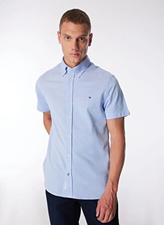 Slim Fit Düğmeli Yaka Mavi Erkek Gömlek MW0MW30911