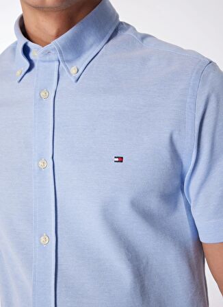 Slim Fit Düğmeli Yaka Mavi Erkek Gömlek MW0MW30911