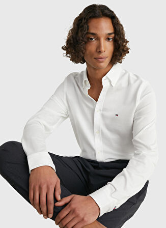 Regular Fit Düğmeli Yaka Beyaz Erkek Gömlek MW0MW30675YCF