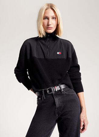 Tommy Jeans Fermuarlı Yaka Normal Düz Siyah Kazak Kadın DW0DW16521BDS
