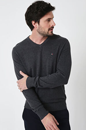 Erkek Regular Fit V Yaka Pamuklu Triko Kazak - Antrasit | XS