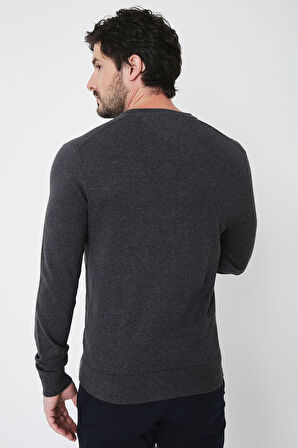 Erkek Regular Fit V Yaka Pamuklu Triko Kazak - Antrasit | XS