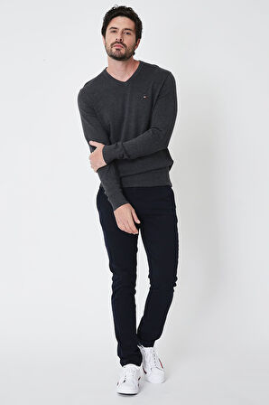 Erkek Regular Fit V Yaka Pamuklu Triko Kazak - Antrasit | XS