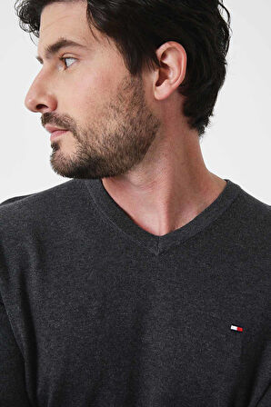 Erkek Regular Fit V Yaka Pamuklu Triko Kazak - Antrasit | L