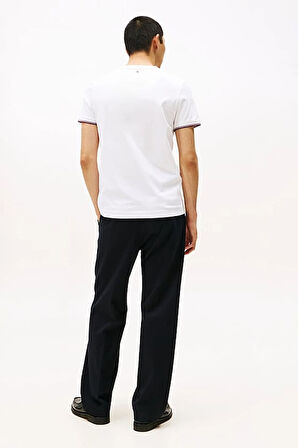 Erkek Kol Ucu Çizgili Baskı Logolu Pamuklu T-Shirt - Beyaz | XS