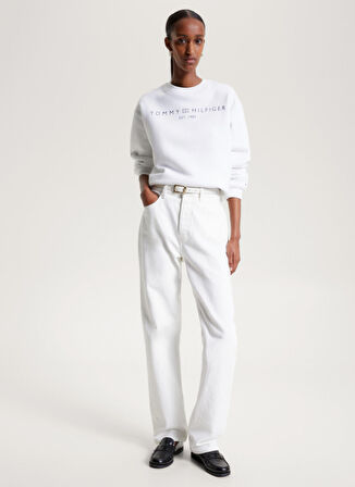 Tommy Hilfiger Bisiklet Yaka Baskılı Beyaz Kadın Sweatshırt WW0WW39791YCF002