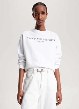 Tommy Hilfiger Bisiklet Yaka Baskılı Beyaz Kadın Sweatshırt WW0WW39791YCF002