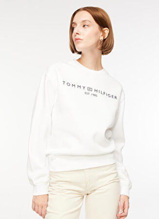 Tommy Hilfiger Bisiklet Yaka Baskılı Beyaz Kadın Sweatshırt WW0WW39791YCF003