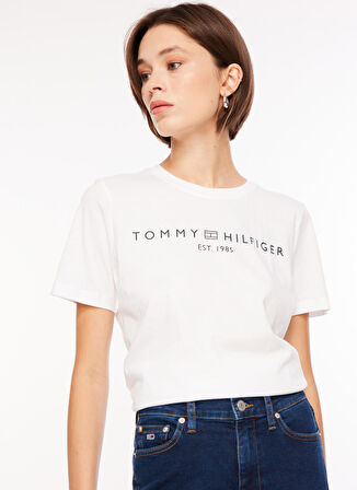 Tommy Hilfiger Bisiklet Yaka Baskılı Beyaz Kadın T-Shirt WW0WW40276YCF004
