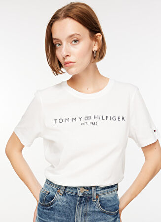 Tommy Hilfiger Bisiklet Yaka Baskılı Beyaz Kadın T-Shirt WW0WW40276YCF005