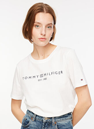 Tommy Hilfiger Bisiklet Yaka Baskılı Beyaz Kadın T-Shirt WW0WW40276YCF005
