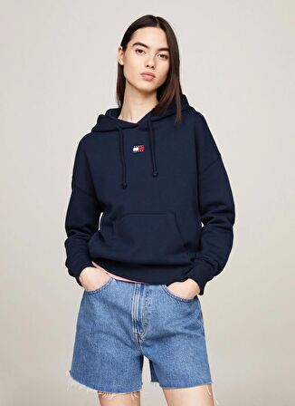 Tommy Jeans Kapüşon Yaka Düz Lacivert Kadın Sweatshırt TJW BXY BADGE HOODIE