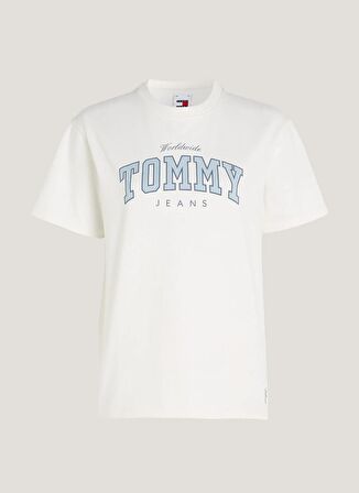 Tommy Jeans Bisiklet Yaka Düz Beyaz Kadın T-Shirt TJW RLX VARSITY LUX TEE