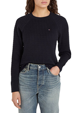 Tommy Hilfiger Yuvarlak Yaka Standart Nakışlı Lacivert Kazak Kadın CO CABLE C-NK SWEATER