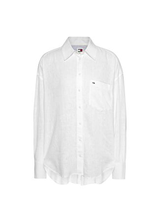 Tommy Jeans Normal Gömlek Yaka Düz Beyaz Kadın Gömlek TJW SP OVR LINEN SHIRT