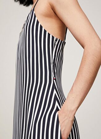 Tommy Hilfiger V Yaka Çizgili Lacivert Uzun Kadın Elbise FLUID STRIPE ANKLE SLIP DRESS