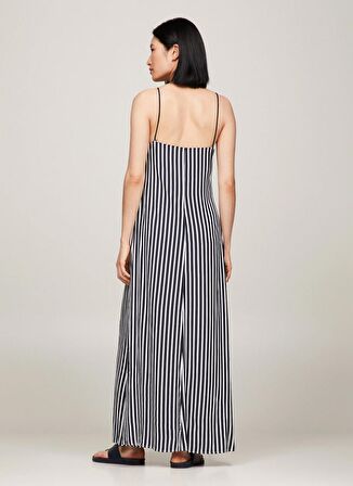 Tommy Hilfiger V Yaka Çizgili Lacivert Uzun Kadın Elbise FLUID STRIPE ANKLE SLIP DRESS