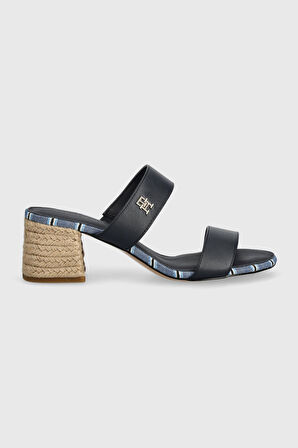 Kadın Block Mid Heel Shirting Hasır Topuklu Sandalet - Koyu Lacivert | 37