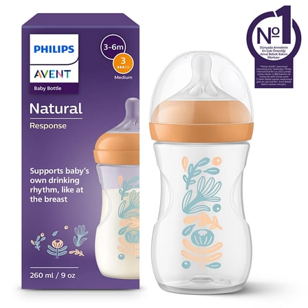 Philips Avent Doğal Tepkili Biberon, 260 ml, Orta Akışlı Emzik ( Akış Ucu  3)  3-6 Ay Orman Bitkileri Desenli