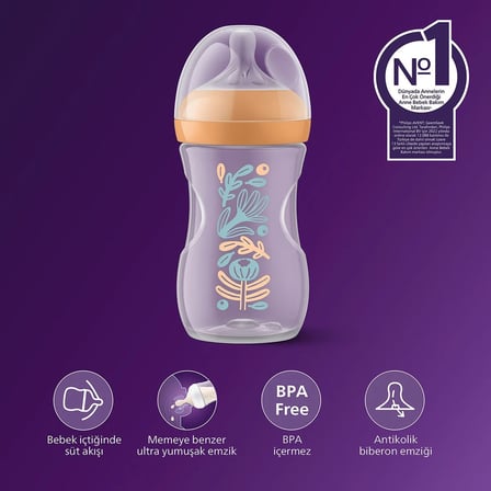Philips Avent Doğal Tepkili Biberon, 260 ml, Orta Akışlı Emzik ( Akış Ucu  3)  3-6 Ay Orman Bitkileri Desenli