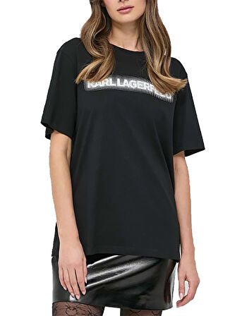 KARL LAGERFELD Bisiklet Yaka Baskılı Siyah Kadın T-Shirt 230W1782