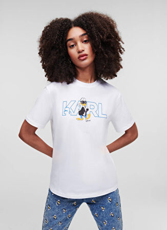 KARL LAGERFELD Bisiklet Yaka Baskılı Beyaz Kadın T-Shirt 231W1790