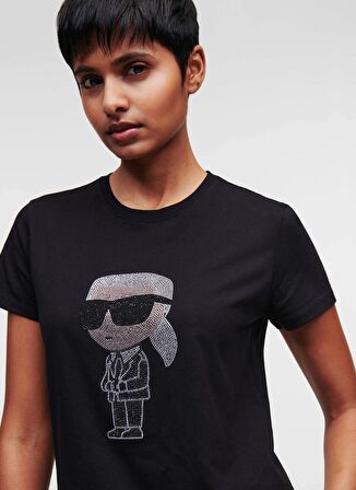 KARL LAGERFELD Yuvarlak Yaka Baskılı Siyah Kadın T-Shirt 230W1770