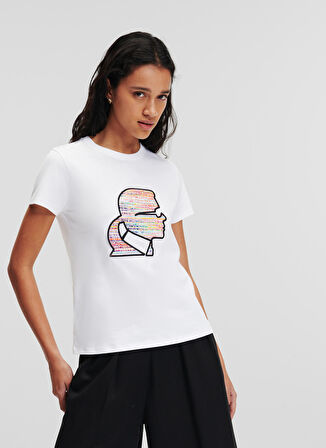 KARL LAGERFELD Bisiklet Yaka Baskılı Beyaz Kadın T-Shirt 235W1707