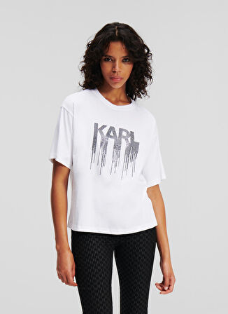 KARL LAGERFELD Bisiklet Yaka Baskılı Beyaz Kadın T-Shirt 236W1714