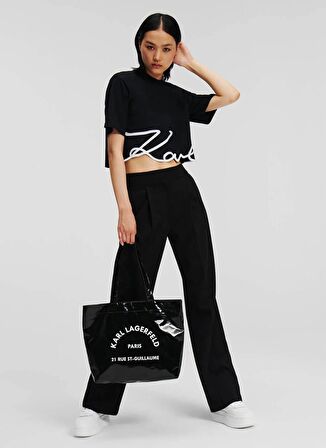 KARL LAGERFELD Yuvarlak Yaka Baskılı Siyah Kadın T-Shirt 236W1724