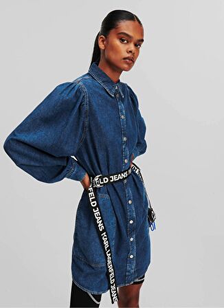 Gömlek Yaka Düz Mavi Kısa Kadın Elbise 240J1307