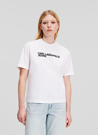 Karl Lagerfeld Jeans Yuvarlak Yaka Baskılı Beyaz Kadın T-Shirt 241J1714