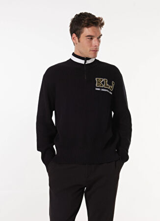 Karl Lagerfeld Jeans Dik Yaka Relaxed Baskılı Siyah Erkek Kazak 245D2001_KLJ RELAXED HALFZIP LOGO S
