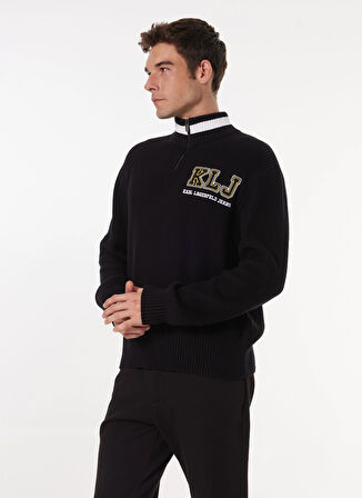 Karl Lagerfeld Jeans Dik Yaka Relaxed Baskılı Siyah Erkek Kazak 245D2001_KLJ RELAXED HALFZIP LOGO S