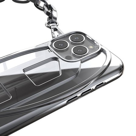 Diesel iPhone 16 Pro Uyumlu Oval D Parlak Zincirli Kılıf - Gümüş