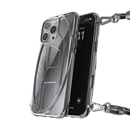 Diesel iPhone 16 Pro Max Uyumlu Oval D Parlak Zincirli Kılıf - Gümüş