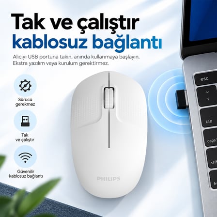 Philips SPK7358W Kablosuz 1600 DPI Sessiz Tıklama Optik Mouse 2.4GHz Wireless Ergonomik Beyaz